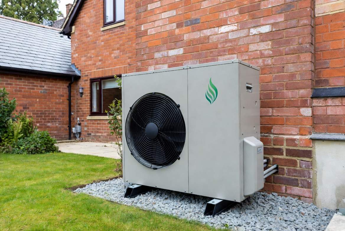 Air source heat pump installation against a brick house