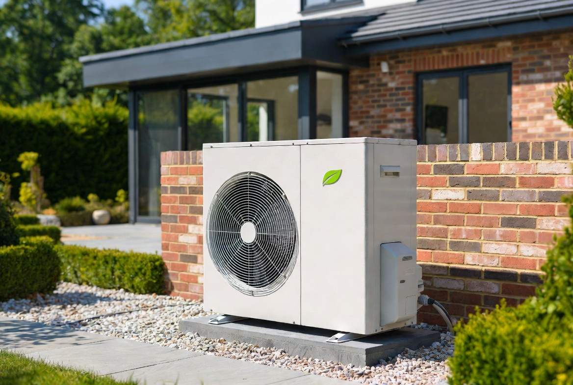 Air source heat pump installed at a modern home