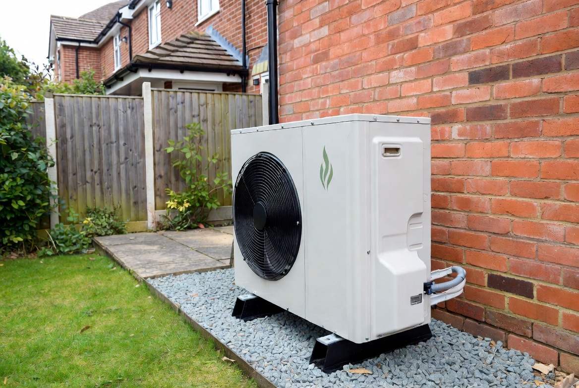 Air source heat pump installed beside a brick wall